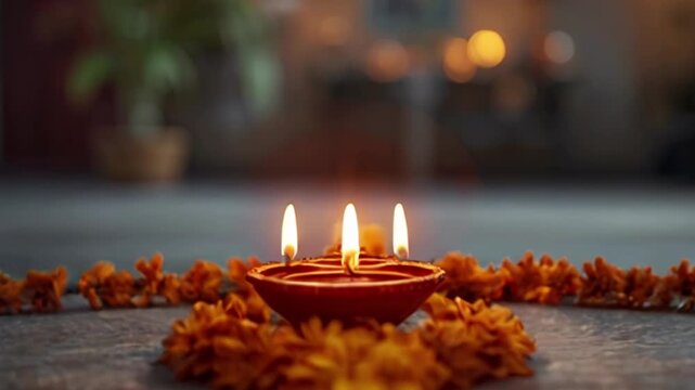 Diwali holiday home decorations with oil lamps, flowers on wooden table. Indian hindu festival of lights celebration background. Night scene with candles light, religious , created with generative ai