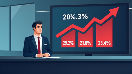 Illustration of economic news bearish update showing TV studio screen with red down arrows market statistics and anchor delivering gloom outlook in  Photo Stock  Concept  and empty space on the left s