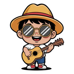 Cartoon Boy Wearing Hat and Sunglasses Playing Guitar – Cute Musician Character Illustration for Kids, Music, Summer, and Entertainment Concepts