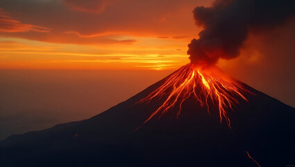 Fototapeta premium Aerial view of mountain of fire spewing molten lava from the summit as dark smoke rises against the backdrop of a fiery orange sky in Photo Stock Concept and empty space on the left side