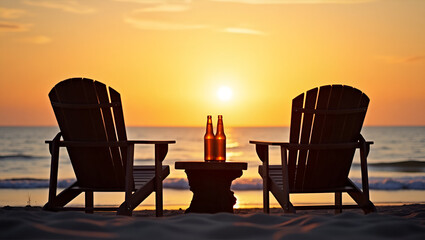 Two beach chairs side by side facing ocean sunset silhouette chilled beer bottles on driftwood table as gentle waves lap shore creating tranquil seaside relaxation. in  Photo Stock  Concept  and empty