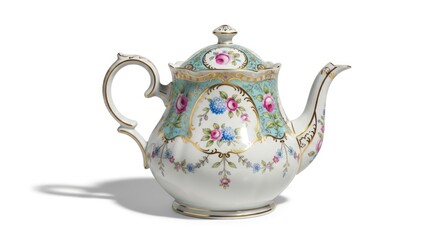 An ornate porcelain teapot adorned with floral motifs and gilded accents, presented against a white background.