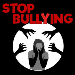A powerful campaign poster designed to stop bullying, featuring a dark and sorrowful atmosphere that reflects sadness, rejection, and depression. The artwork portrays the cruelty of teasing friends