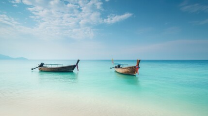 calm beach with clear turquoise waters and traditional fishing boats floating serenely. The soft blur of the background