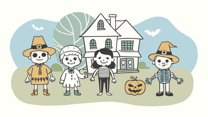 Fototapeta premium Cute cartoon children in halloween costumes standing in front of a spooky house with a pumpkin and bats flying in the sky