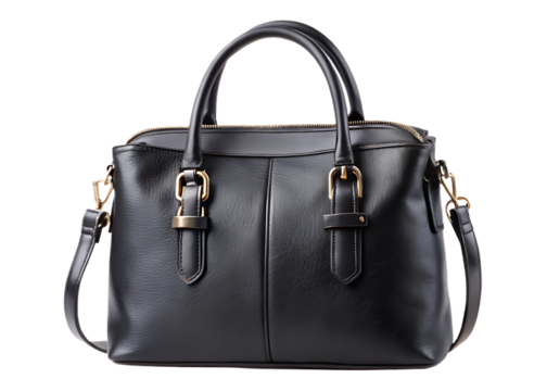 Leather Tote Bag with Gold Buckles and Straps on White handbag purse isolated on a transparent background