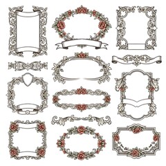 Elegant decorative frames and borders, featuring ornate patterns, roses, and ribbons, in a classic style.