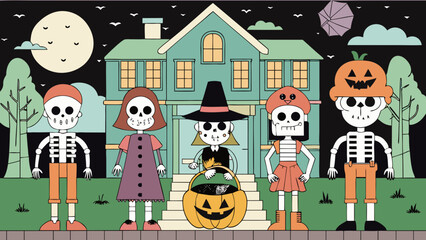 Whimsical halloween scene featuring five cartoon skeletons in costumes standing in front of a spooky house under a full moon