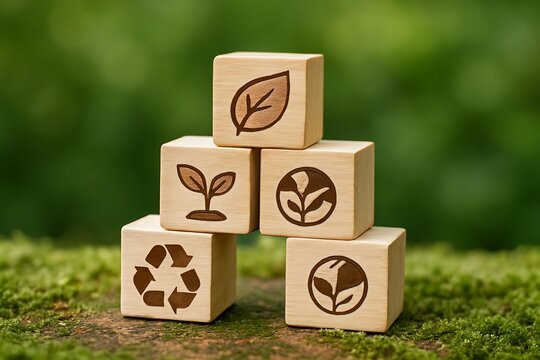 Eco-friendly wooden blocks with symbols of recycling, plant growth, and nature conservation, stacked on moss, visually representing environmental sustainability and commitment to a greener future