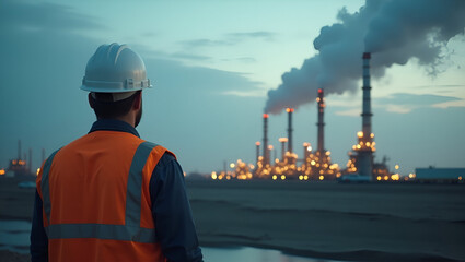Industrial Worker Inspecting Oil Refinery Emissions: Highlighting Fossil Fuel Pollution, Health Hazards, and Climate Change - Photo Stock Concept with Empty Space