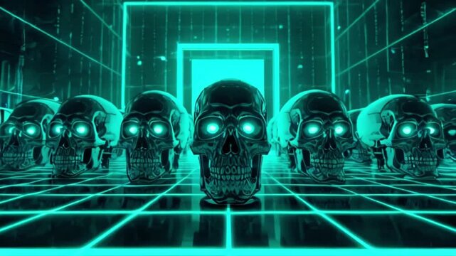  group of human skulls with glowing blue eyes in a neon-lit, grid-like environment A futuristic, sci-fi digital illustration,  created with generative ai