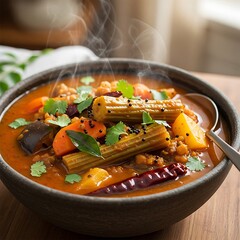 A hearty, flavorful stew brimming with vegetables, spices, and aromatic herbs, served steaming hot in a rustic bowl.