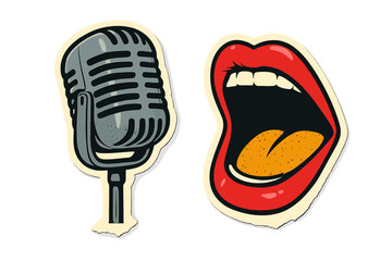 Retro music vector collage of microphone and yelling mouth. Pop art sticker illustration with halftone effect. Concept for concert, podcast, broadcast, sound, voice, performance.
