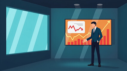 Illustration of economic news bearish update showing TV studio screen with red down arrows market statistics and anchor delivering gloom outlook in  Photo Stock  Concept  and empty space on the left s