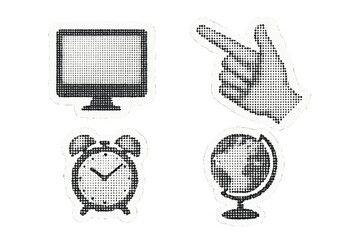 Set of torn paper stickers collage for back to school or education theme with halftone vector hand pointing, PC screen, globe, and alarm clock study elements