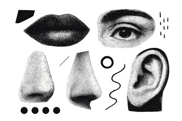 Woman lips, ear, nose, and eye retro halftone collage elements with minimalistic brutalism style, messy photocopy shapes, girl face fragments for mixed media design and creative decor