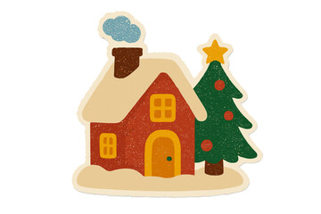 Cozy winter house with snow-covered roof and chimney smoke next to decorated Christmas tree with star, red ornaments, vintage torn paper style, festive holiday vector illustration