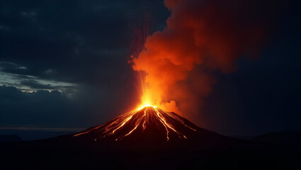 Fototapeta premium Stunning Nighttime Volcanic Eruption Photo: Fiery Lava Erupting from Crater Under Dark Sky with Ash Clouds - Perfect for Stock Photography with Space for Text