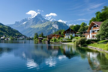 Naklejka premium Lungern village reflecting on lake Lungern with Mount Pilatus towering in the background