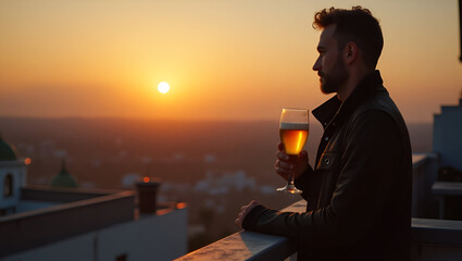Intimate photo of solo traveler enjoying beer on quiet rooftop balcony at sunset capturing authentic casual beer moment and personal reflection mood in  Photo Stock  Concept  and empty space on the le