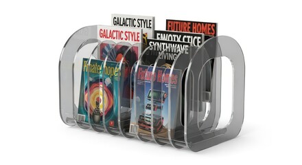 A modern, clear acrylic magazine rack holding several magazines with colorful covers, showcasing a sleek and organized display.