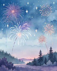Watercolor night sky with fireworks and shimmering lights, artistic festive greeting card