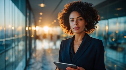 Woman holding tablet in modern office setting sun