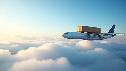 Fototapeta premium Cargo Delivery Airplane in Flight: Captivating Image of Freight Aircraft Above the Clouds with Focus on Wings and Propellers - Perfect for Stock Photo Concepts