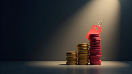Conceptual image of product cost increase represented by rising price tags stacked on retail shelves under spotlight against dark gradient background in  Photo Stock  Concept  and empty space on the l