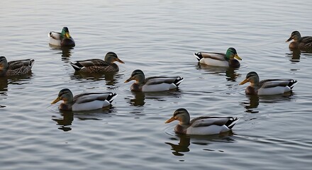 A tranquil scene of several ducks gracefully gliding on a calm lake surface.