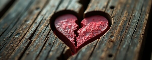 Close-up, broken heart etched in antique wood Sense of quiet reflection , rustic, vintage