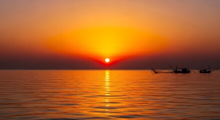 Fototapeta premium A vibrant sunrise paints the ocean's surface, casting a golden hue over fishing boats silhouetted against the fiery sky.