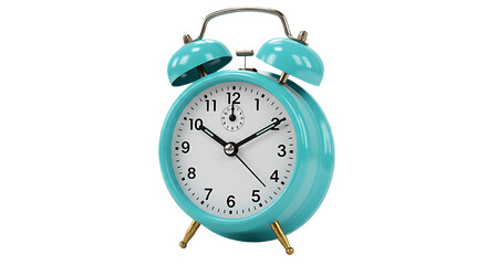 Retro turquoise twin bell alarm clock with white face and black numbers on a black background