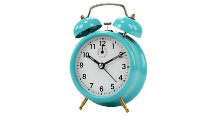 Retro turquoise twin bell alarm clock with white face and black numbers on a black background