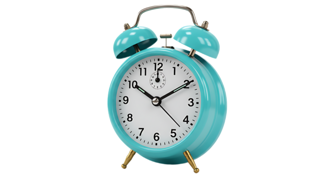 Retro turquoise twin bell alarm clock with white face and black numbers on a black background