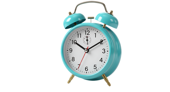 Retro twin bell alarm clock with teal blue metal casing and white face on black background - Powered by Adobe