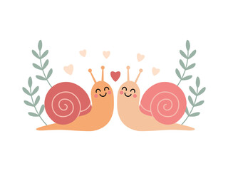 Cute Snail Couple in Love with Hearts and Leaves Illustration