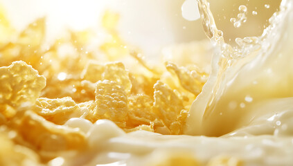 Close-up of corn flakes with milk pouring into the bowl creating a splash, for a breakfast meal.