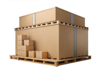 Stacked Cardboard Boxes and Storage Unit on Wooden Pallets self storage warehouse isolated on a transparent background