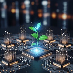 A vibrant sprout emerges from a glowing computer chip, symbolizing innovation and sustainable technology.