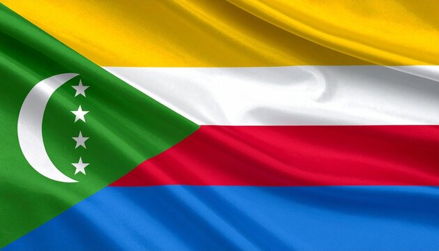 Comoros flag with yellow, white, red, blue horizontal stripes and green triangle with crescent and four stars - Powered by Adobe