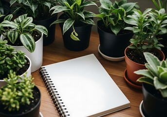 A blank notebook sits atop a wooden surface, surrounded by various potted houseplants in white and dark-colored pots.