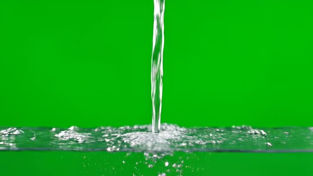 A continuous stream of water impacting and creating a persistent, bubbly splash, isolated on green screen green screen, water, dynamic