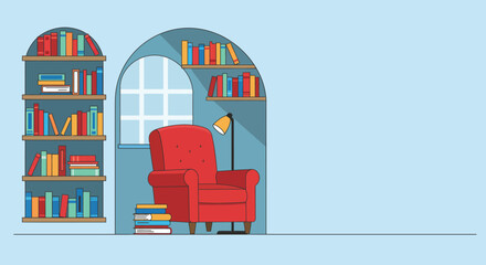 A cozy reading nook with bookshelves a chair and warm lighting