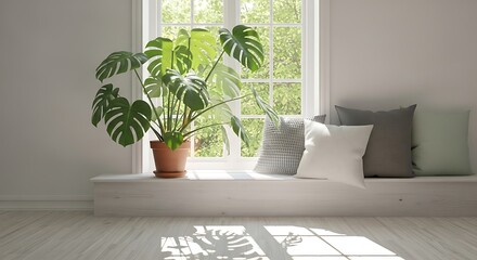 A sun-drenched window seat, showcasing a lush monstera plant and a collection of soft cushions, creates a tranquil and inviting interior scene.