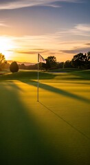 Golden hour illuminates a tranquil golf course, showcasing the flag and its shadow on the vibrant green.