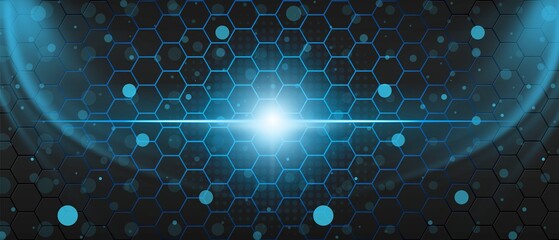 A futuristic, digital, hexagonal grid illuminated with a central, radiant light source, creating an eye-catching visual representation of technology. 