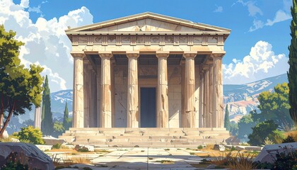 Obraz premium Ancient Greek temple with columns and statues, surrounded by trees and blue sky.