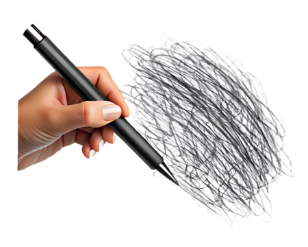 Woman's hand holding stylus drawing scribbled lines on transparent background graphic isolated on a transparent background
