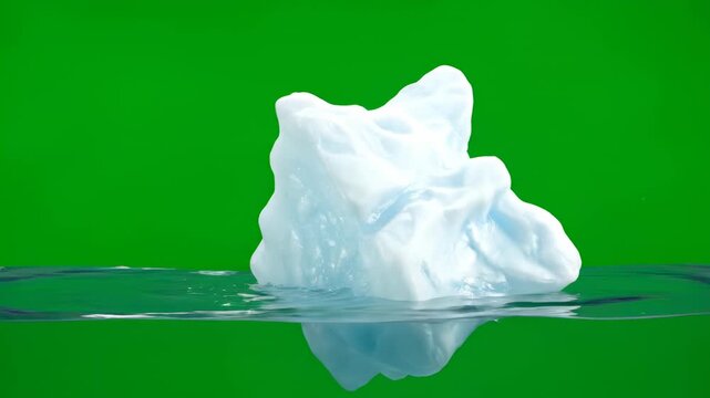 A miniature iceberg slowly tipping and rolling over in water, isolated on a solid green screen dynamic, ocean, cold